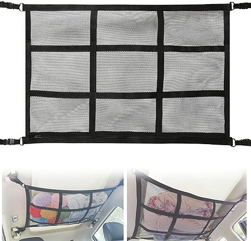 1 Pièce de Filet de Chargement à Fermeture Eclair pour Voiture, en Mesh Double Couche, Filet Porte-Sac Crochet de Voiture, Organiseur de Rangement de Filet de Chargement Elastique pour Voiture - Poukt