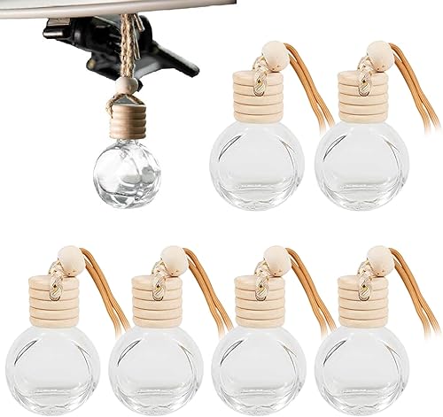 Diffuseur Suspendu de Voiture, Désodorisant Diffuseur Bouteille, 10 ml Bouteilles de Parfum en Verre Rechargeables Pendentif, Flacons de Parfum Désodorisants Pendentif avec Bouchon Bois, 6 Pièces - Poukt